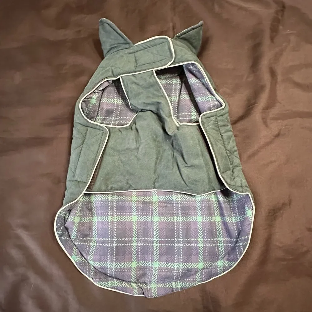 Fresco Green and Blue Plaid Reversible Quilted Dog Jacket size Medium .